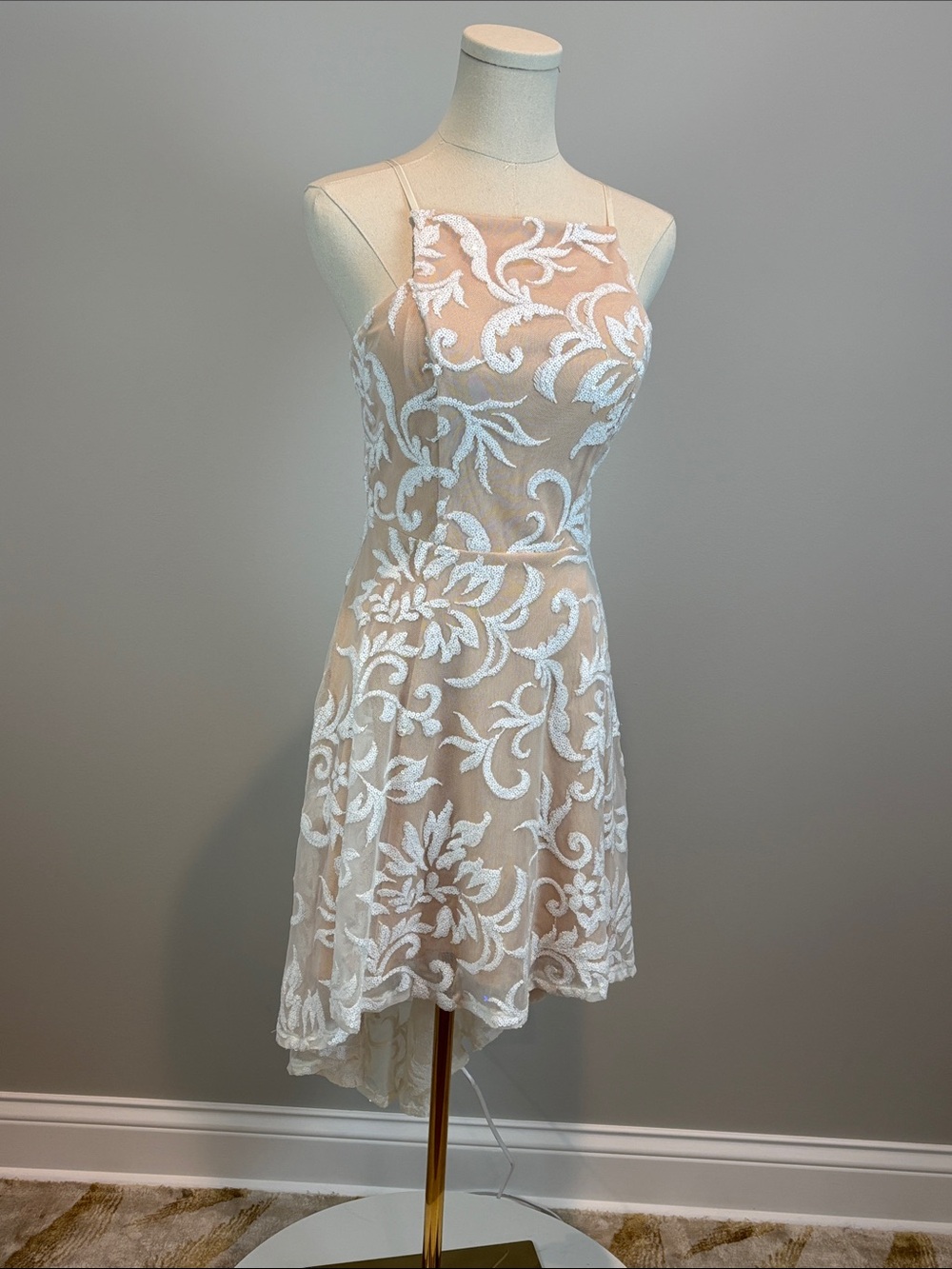 Elegant White Lace and Sequin High-Low Dress with Nude Underlay